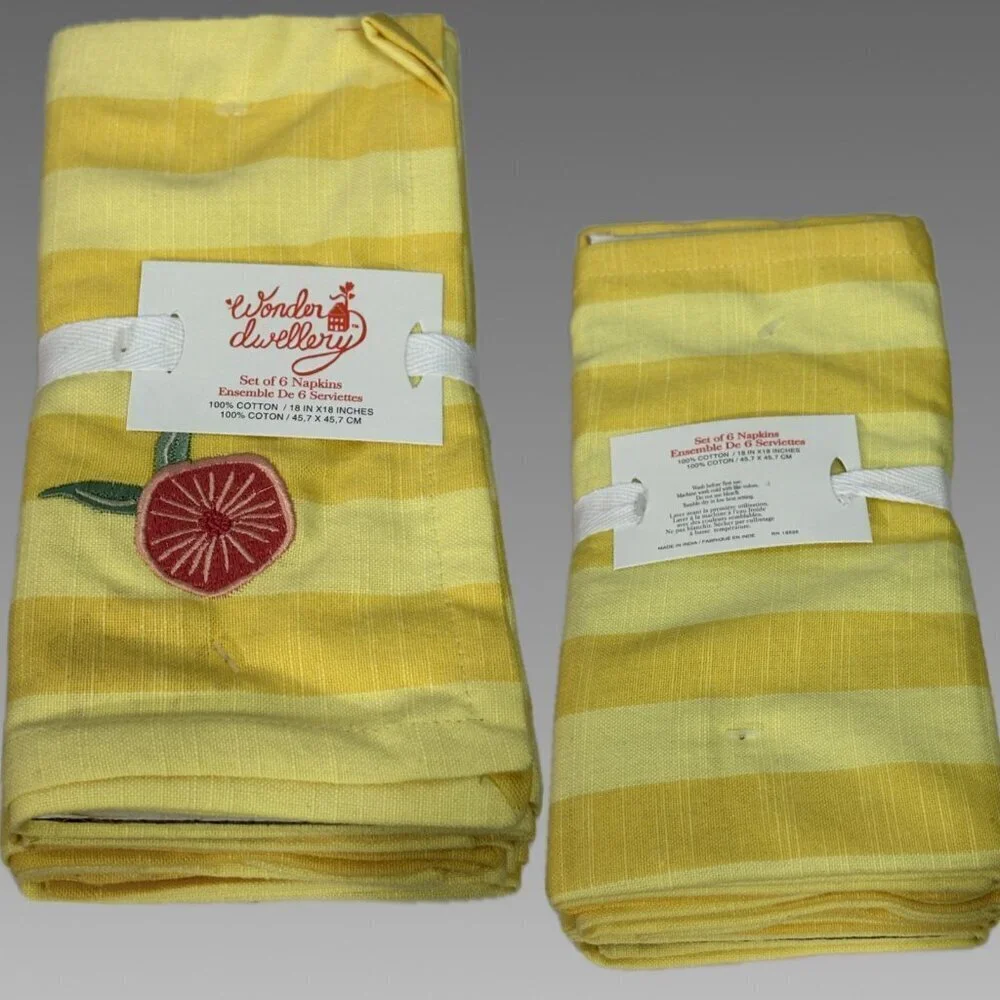 Wonder Dwellery Yellow Striped Embroidered Fruit Accent Cotton Napkins-6 Pack
